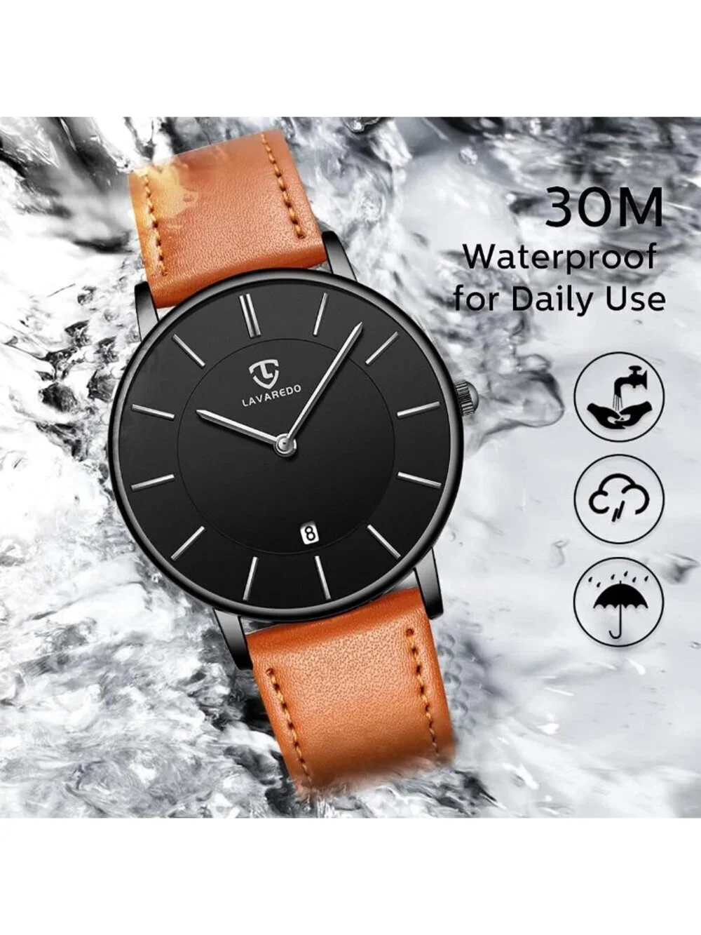 Men Orange Black Dial Leather Strap Analog Minimalist Fashion Simple Wrist Watch